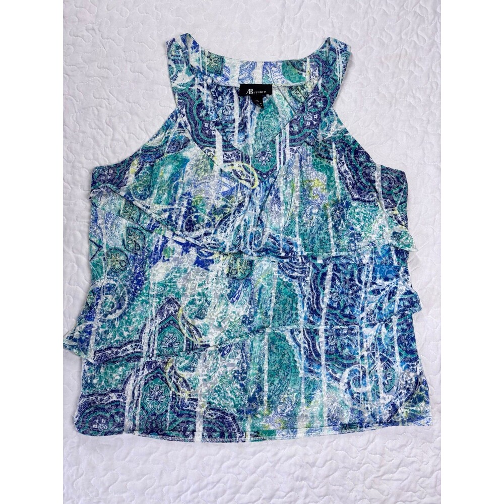 AB Studio Blue Green Paisley Floral Print Halter Vneck Ruffled Tank Top size xl